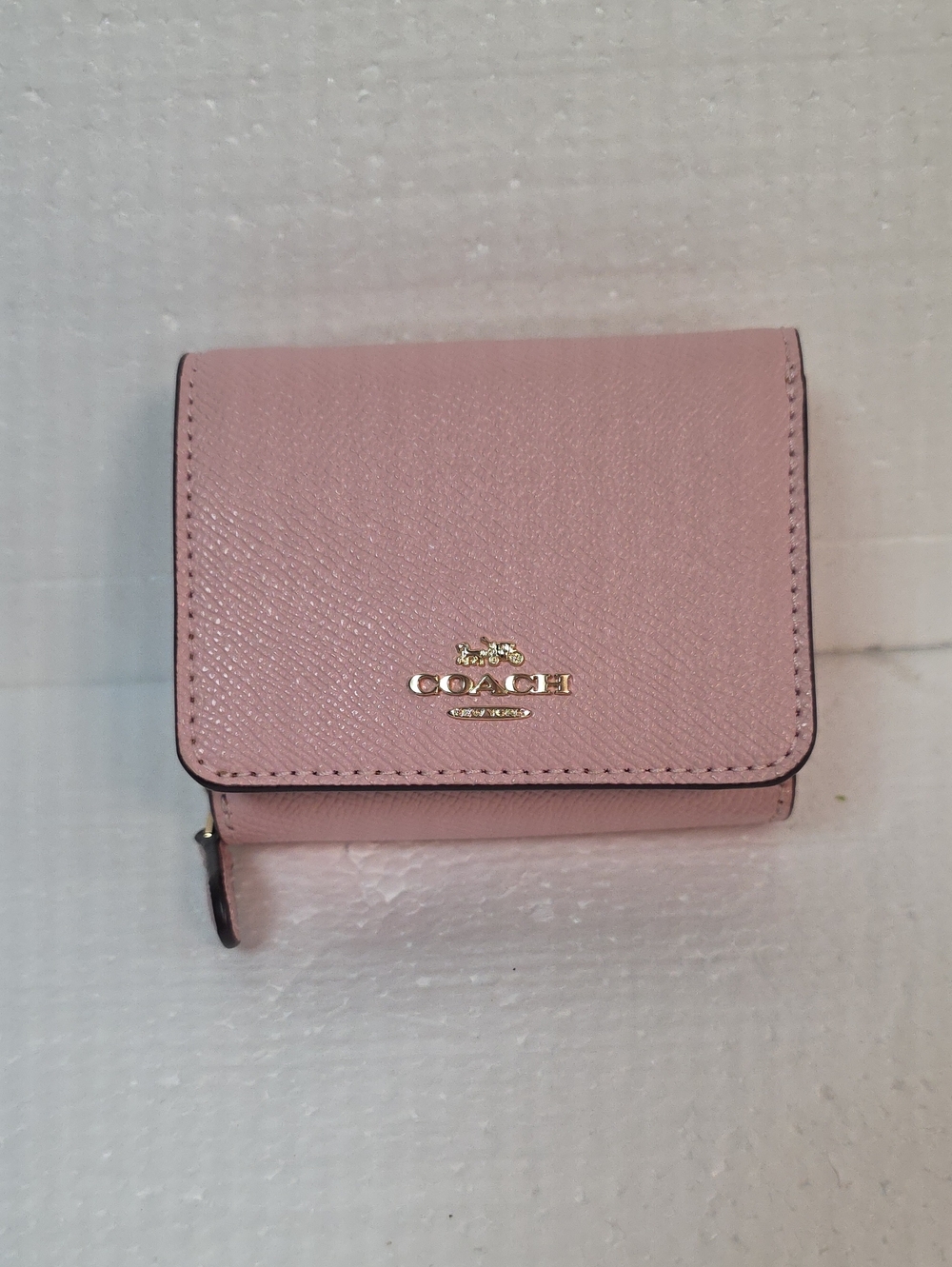 COACH Light Pink Leather Trifold Wallet with Gold Logo